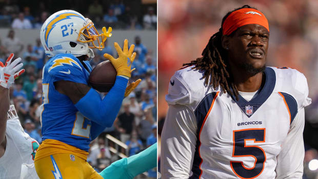Separate photos of J.C. Jackson and Randy Gregory, playing for their old teams before recent trades.